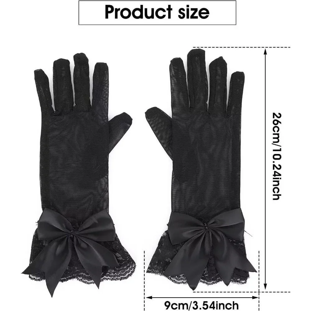 Women's Embellished Satin Black Pearl Bow Gloves Elegant Finger Accessory
